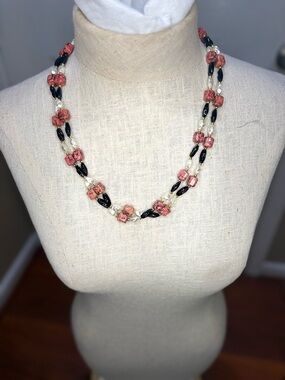 Boho Double Strand Beaded Necklace Red Turquoise Style Faux Pearl Statement